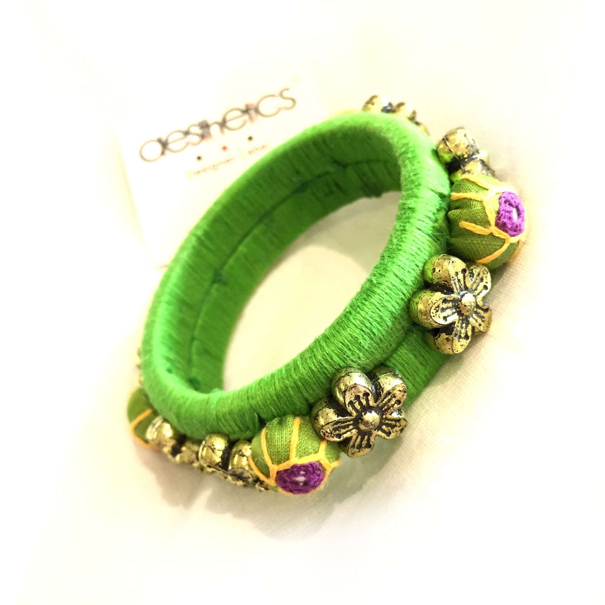 Green anchor thread antique beads broad bangles for women - Aesthetics Designer Label