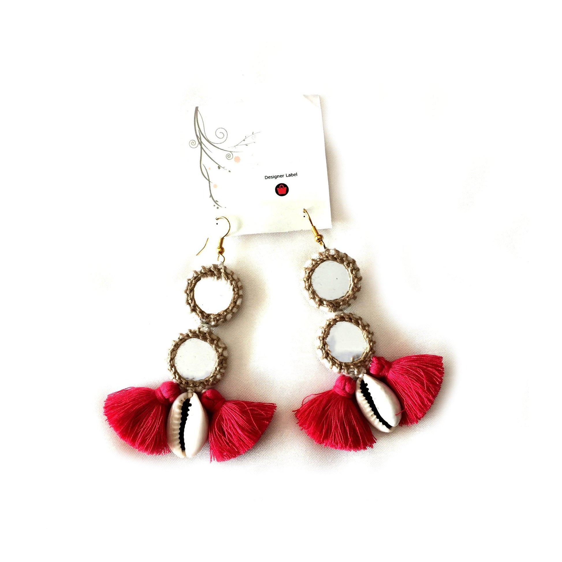 Red Handmade Mirror Work shell Earrings - Aesthetics Designer Label