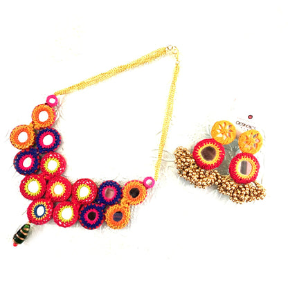 reversible handmade mirror work necklace set for navratri diwali