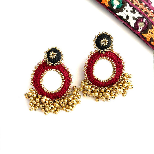 Handmade Mirror work golden beads earrings